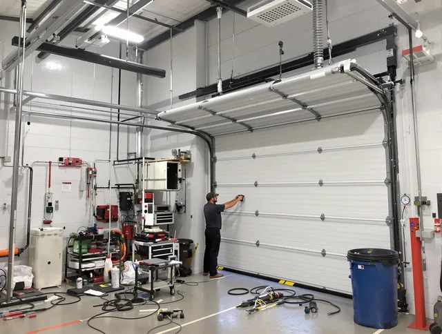 Black Forest Garage Door Repair certified technician performing commercial door repair at a Black Forest business facility