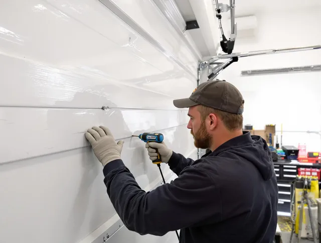Black Forest Garage Door Repair technician demonstrating precision dent removal techniques on a Black Forest garage door